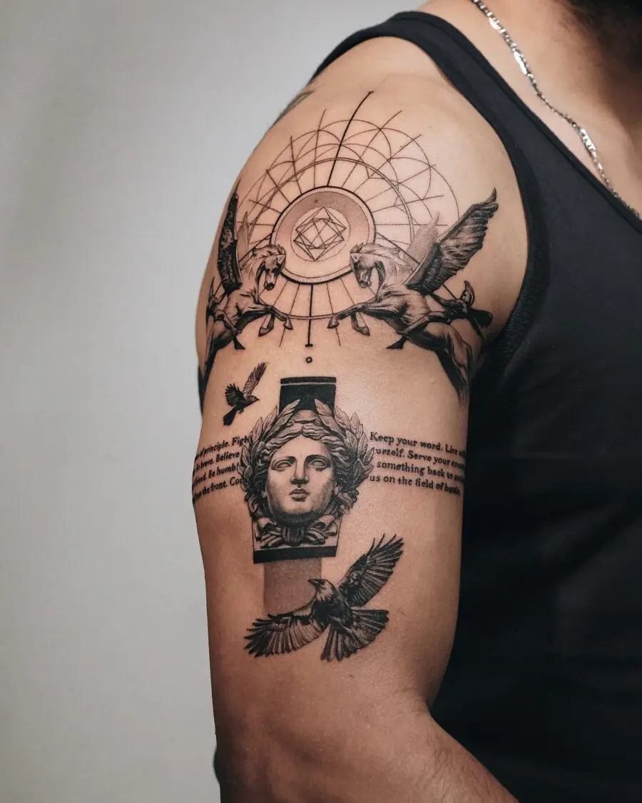 Intricate half sleeve featuring mythic symbols and creatures