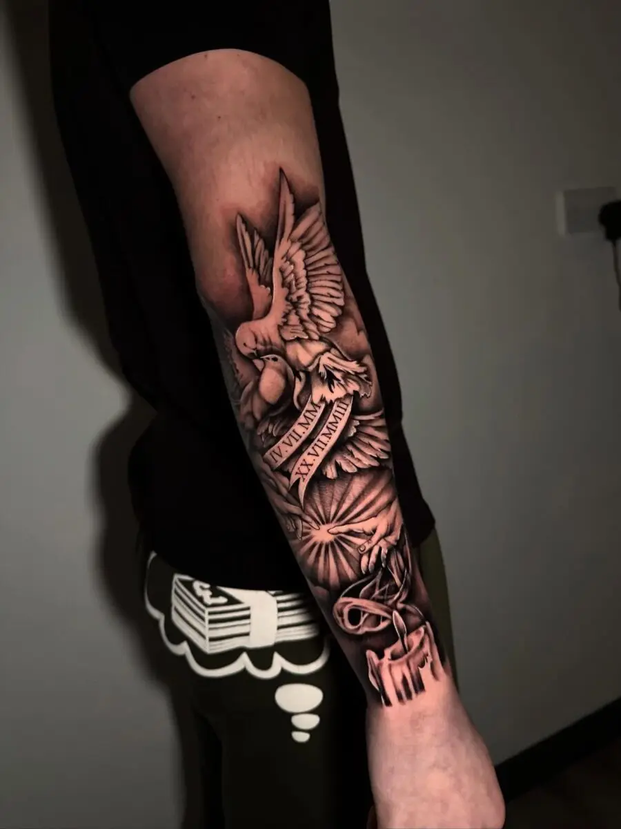 Elegant dove and timepiece half sleeve tattoo