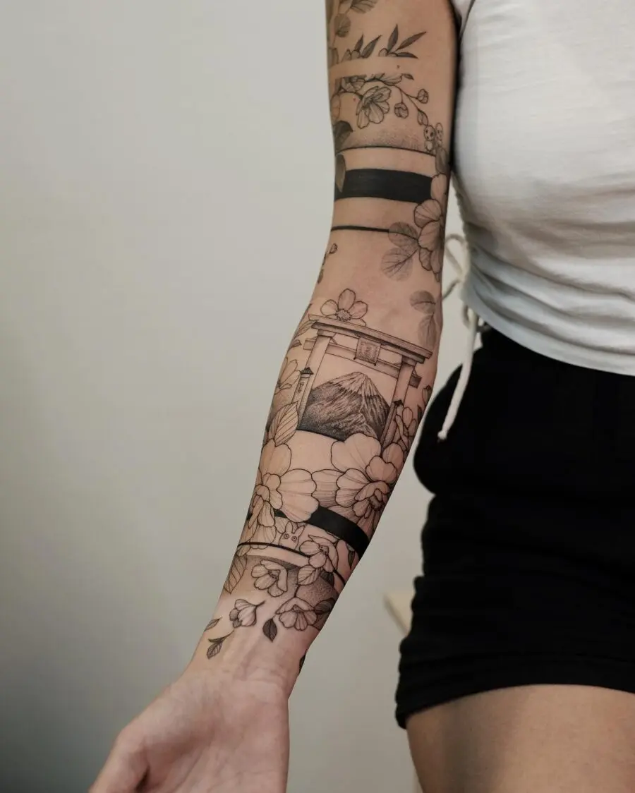 Elegant Flora and Mountain Half Sleeve Tattoo