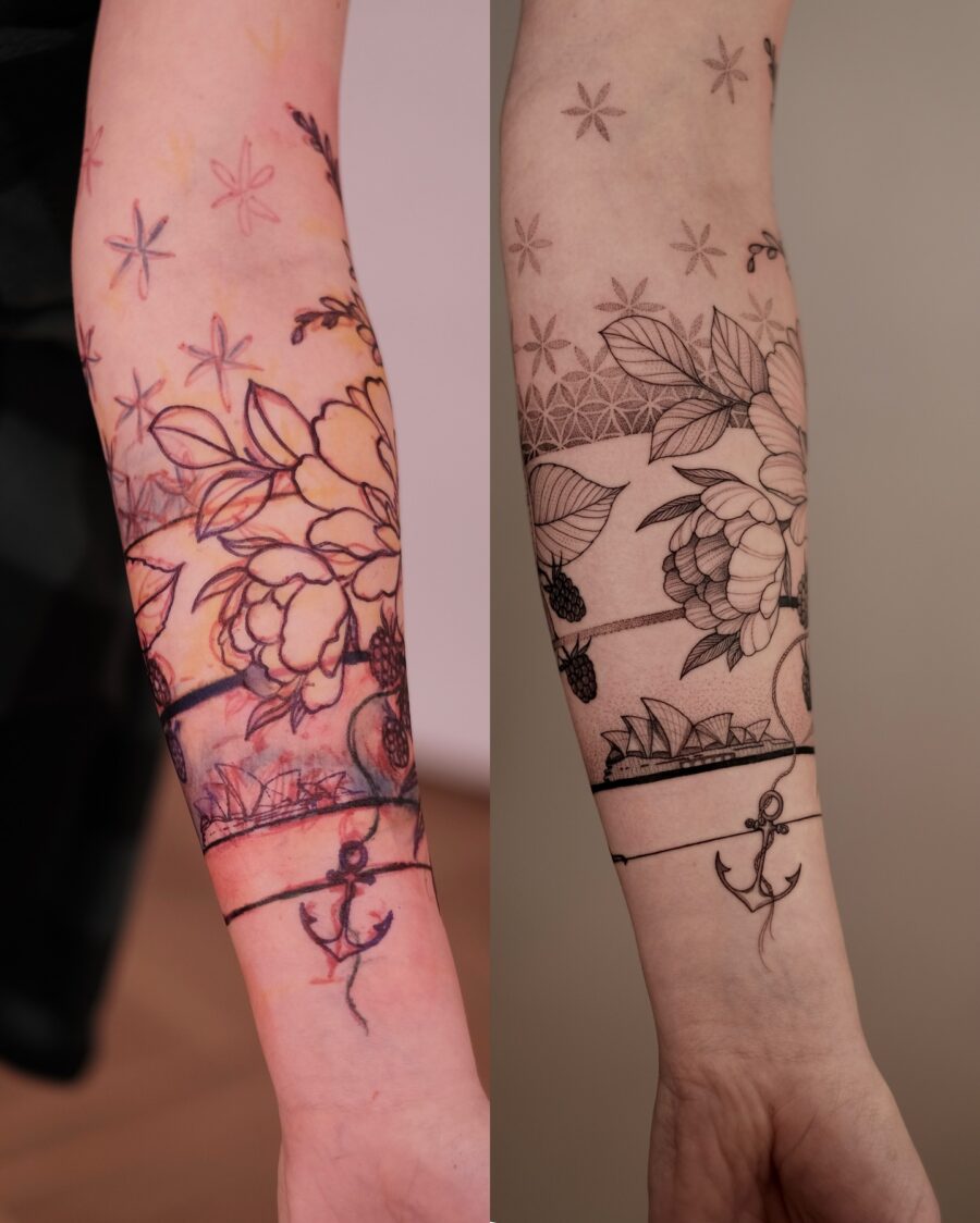Beautiful Half Sleeve Floral and Nautical Tattoo
