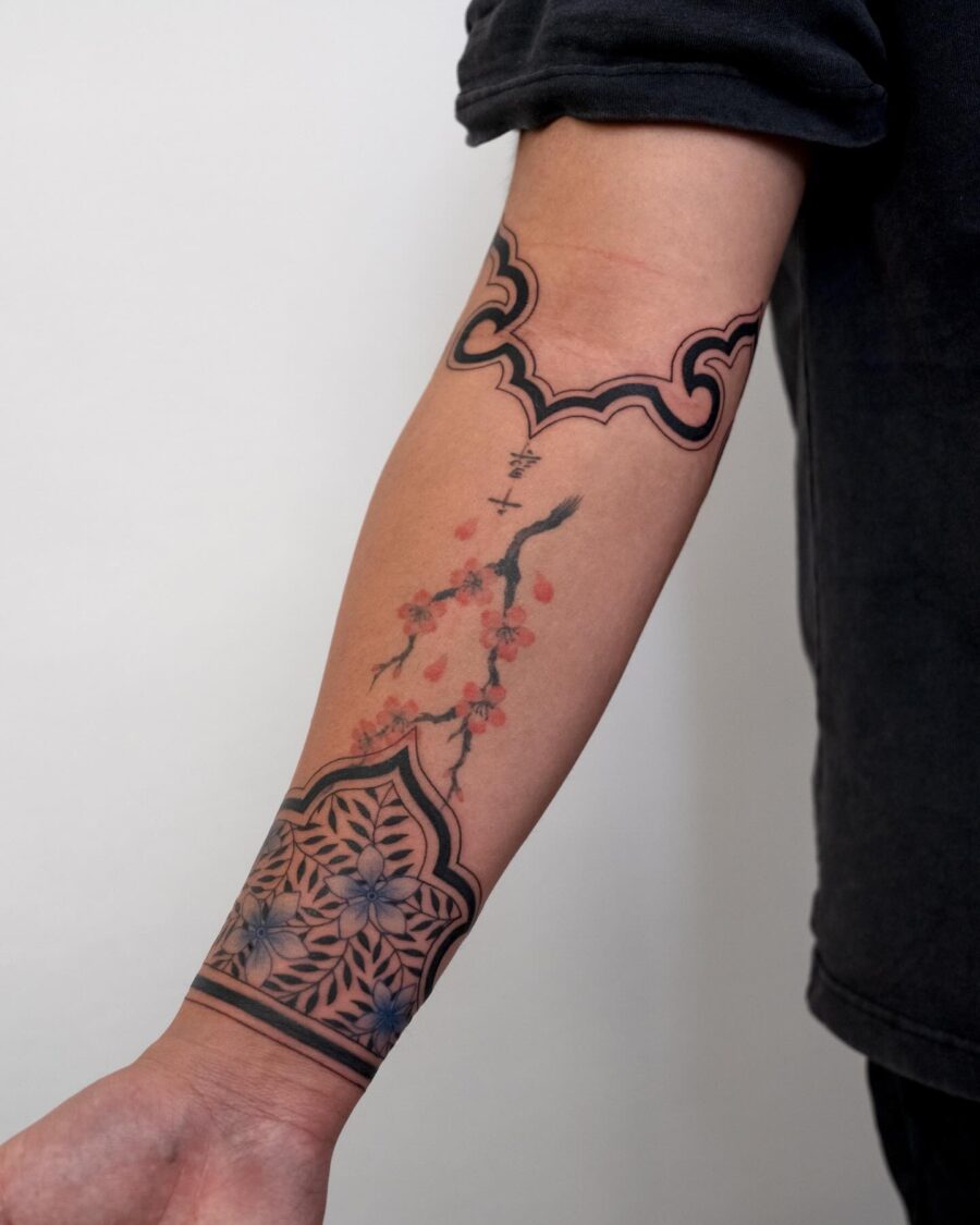 Elegant floral half sleeve tattoo concept