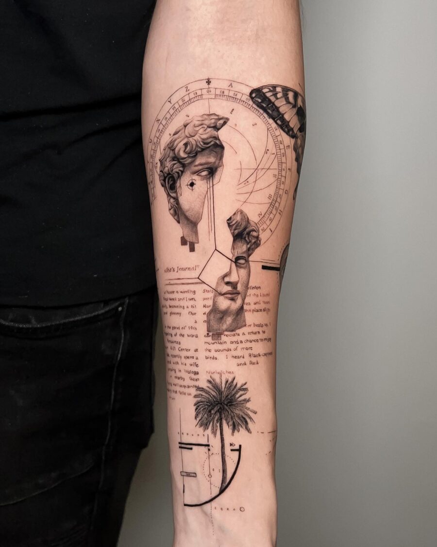 Intricate half sleeve tattoo blending art and nature.