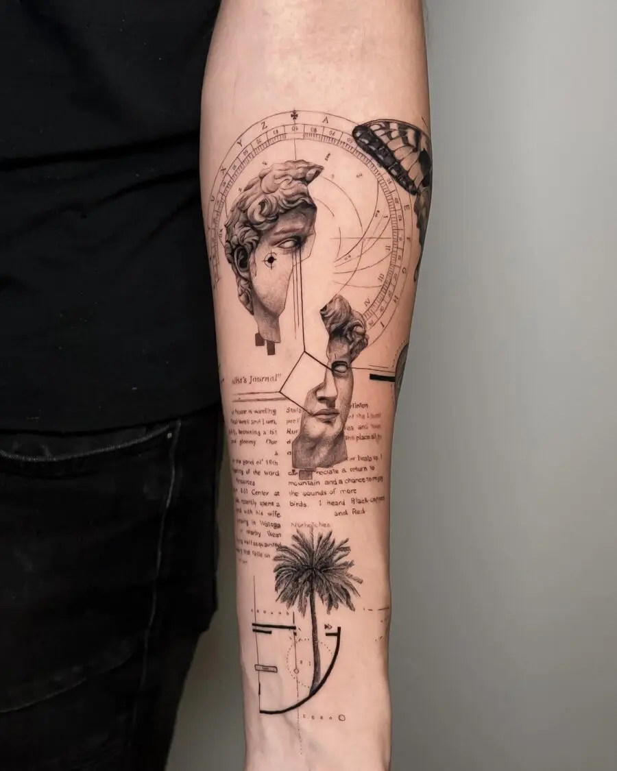 Intricate half sleeve tattoo blending art and nature.