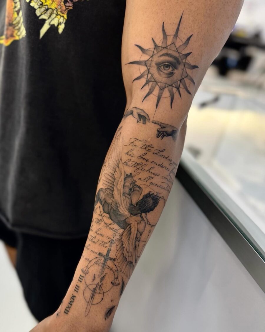 Intricate designs showcasing sun and angel themes