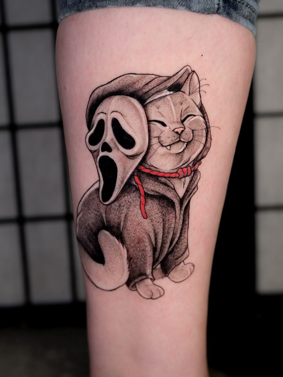 Adorable Cat Meets Iconic Ghost Face Tattoo
