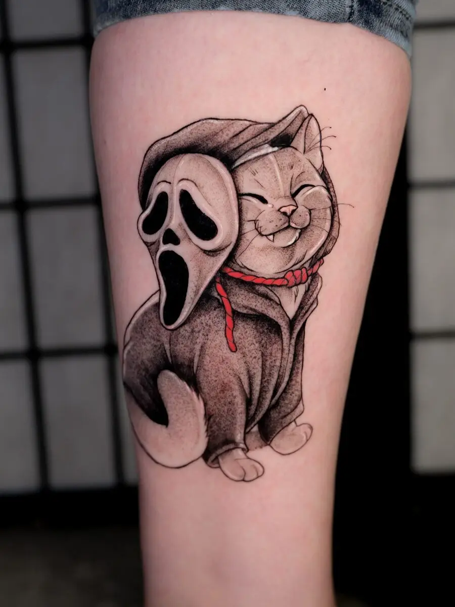 Adorable Cat Meets Iconic Ghost Face Tattoo