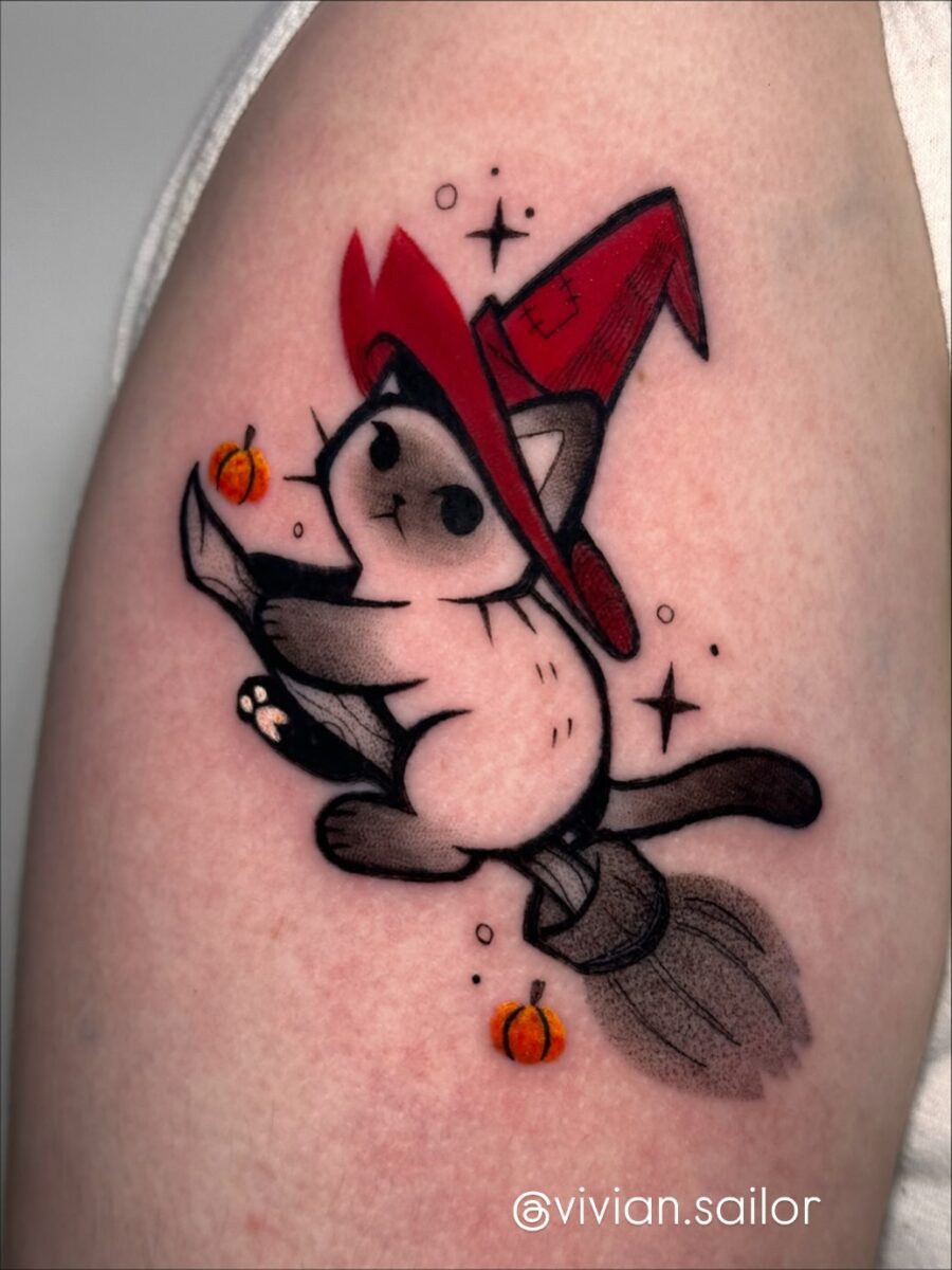 Cute witch cat tattoo for Halloween lovers