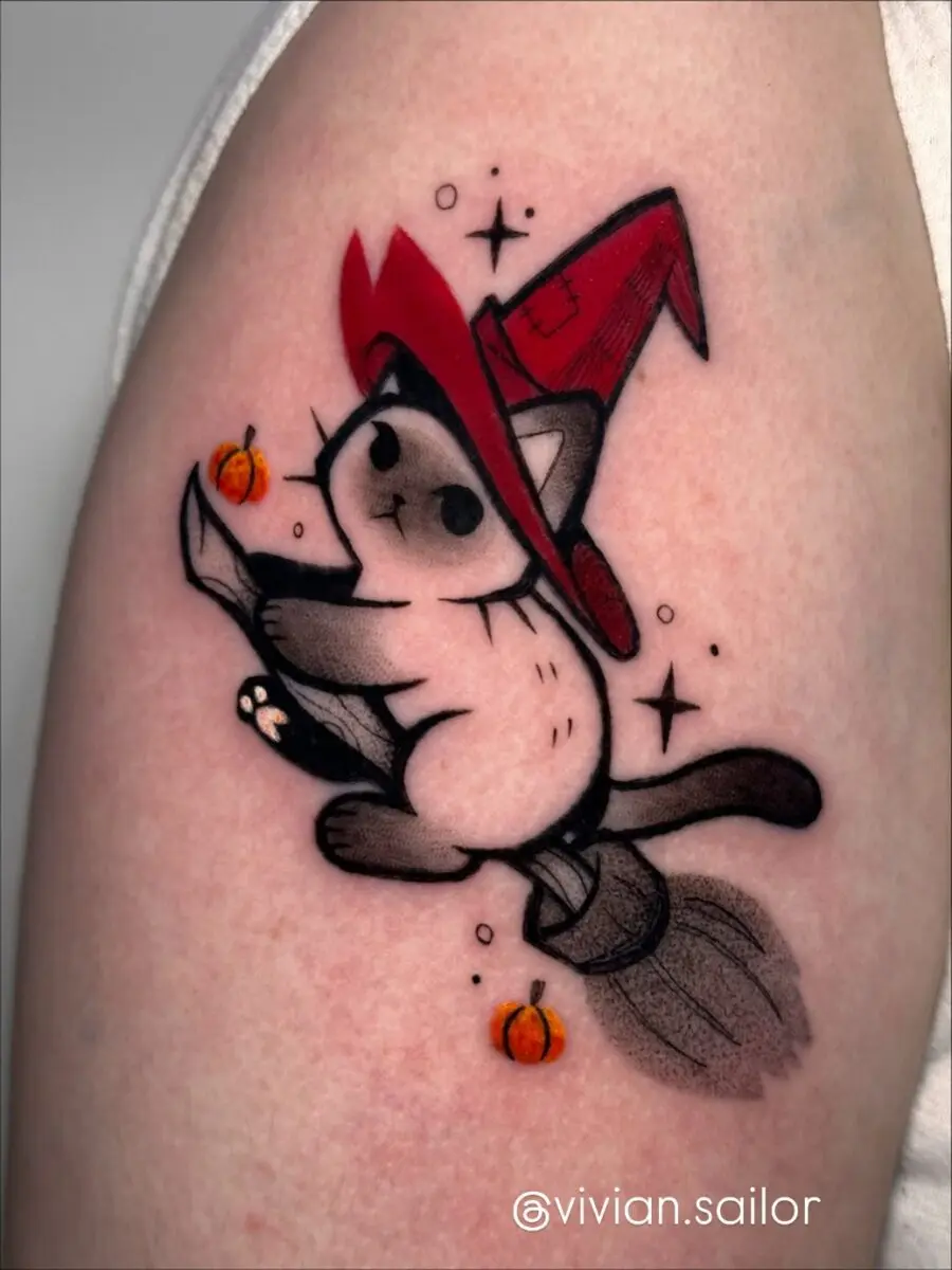Cute witch cat tattoo for Halloween lovers