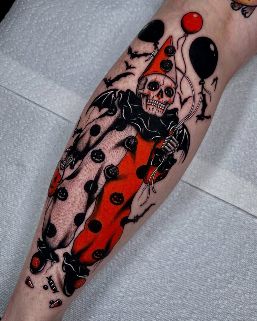 Chilling Halloween clown tattoo design