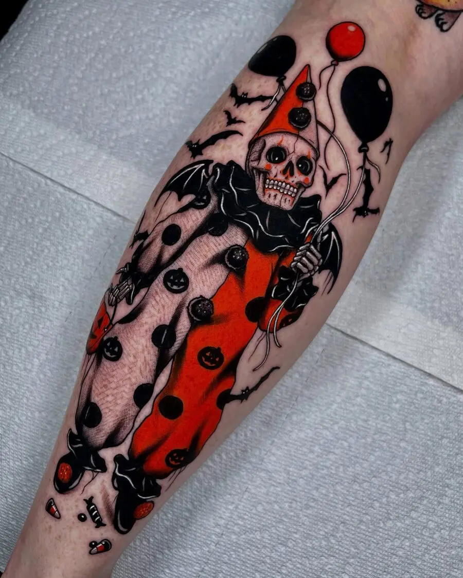 Chilling Halloween clown tattoo design