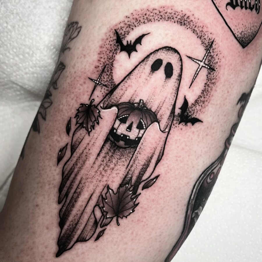 Spooky Ghost with Pumpkin Tattoo Design