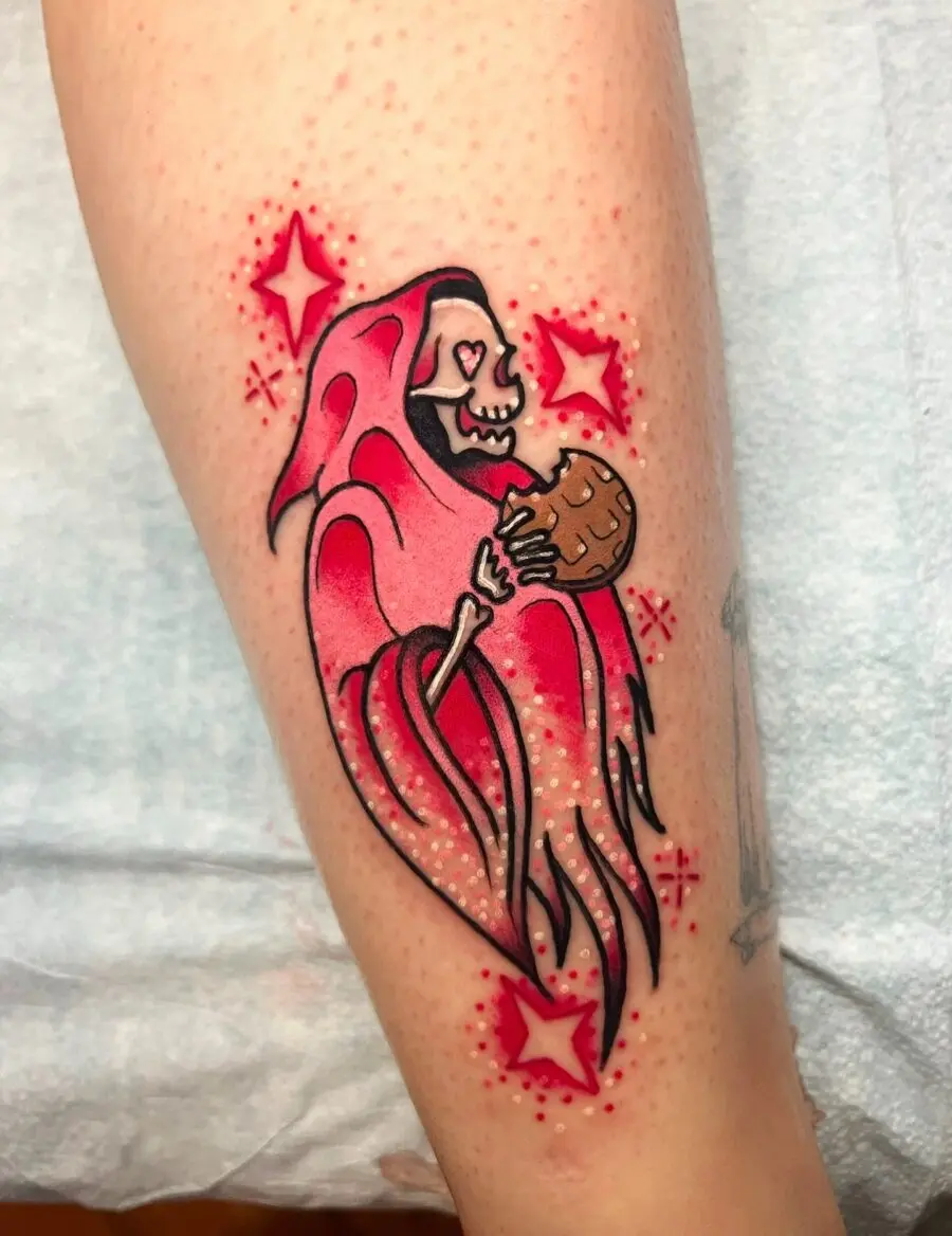 Playful ghostly skeleton tattoo with cookie theme