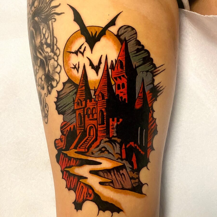 Haunting castle with bats and moonlit scenery