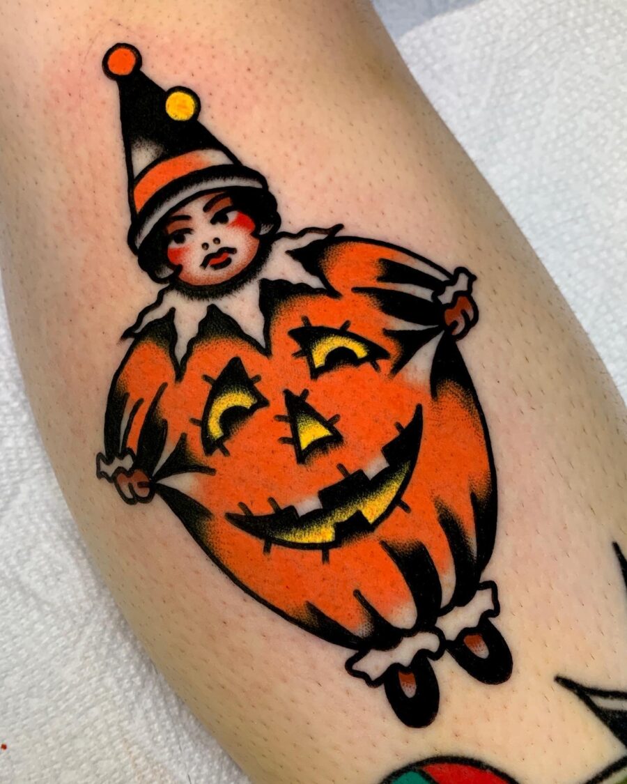 Whimsical clown pumpkin tattoo for Halloween