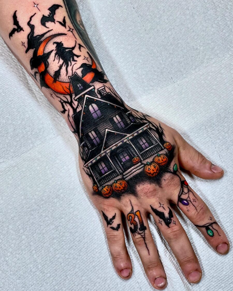 Spooky House Tattoo with Pumpkins and Bats