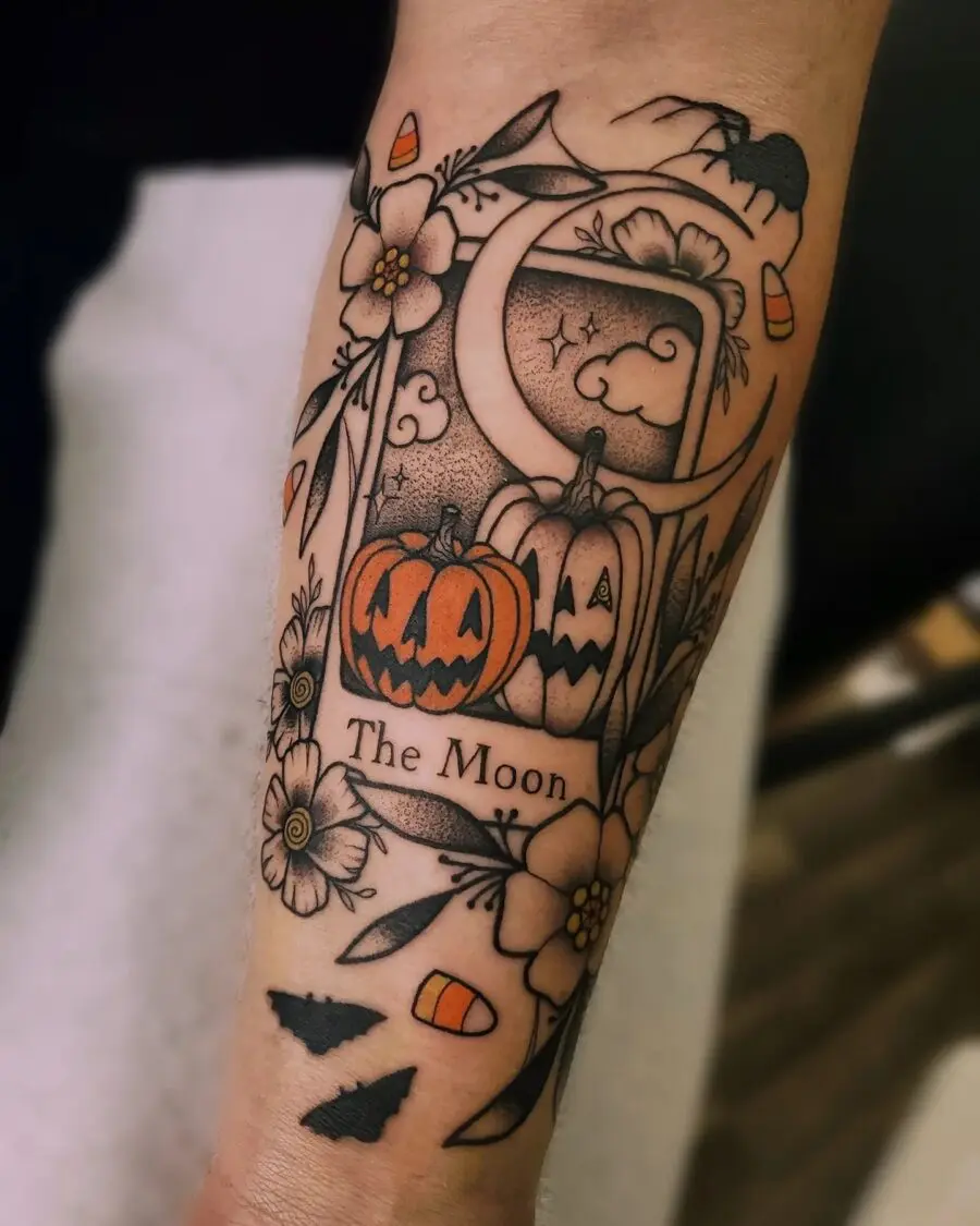 Charming Halloween-themed tattoo with pumpkins and moon