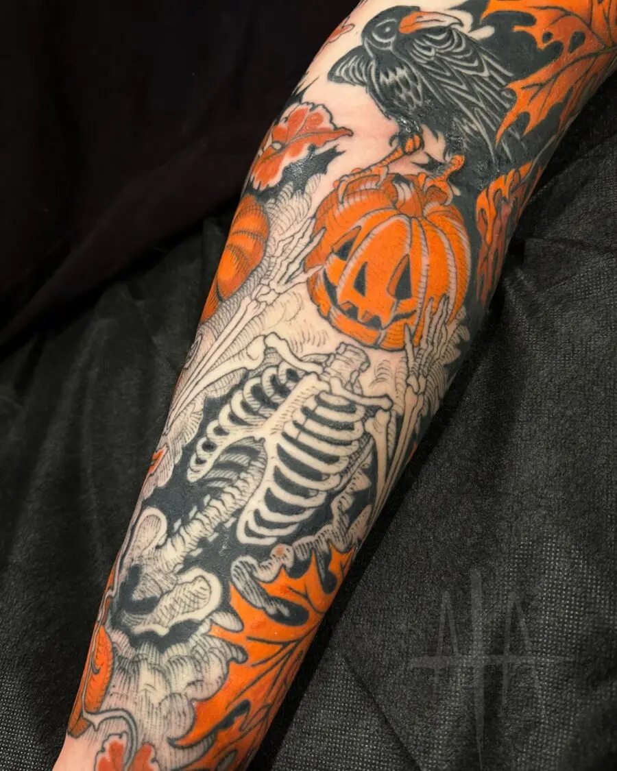 Spooky Skeleton with Halloween Elements Tattoo Design