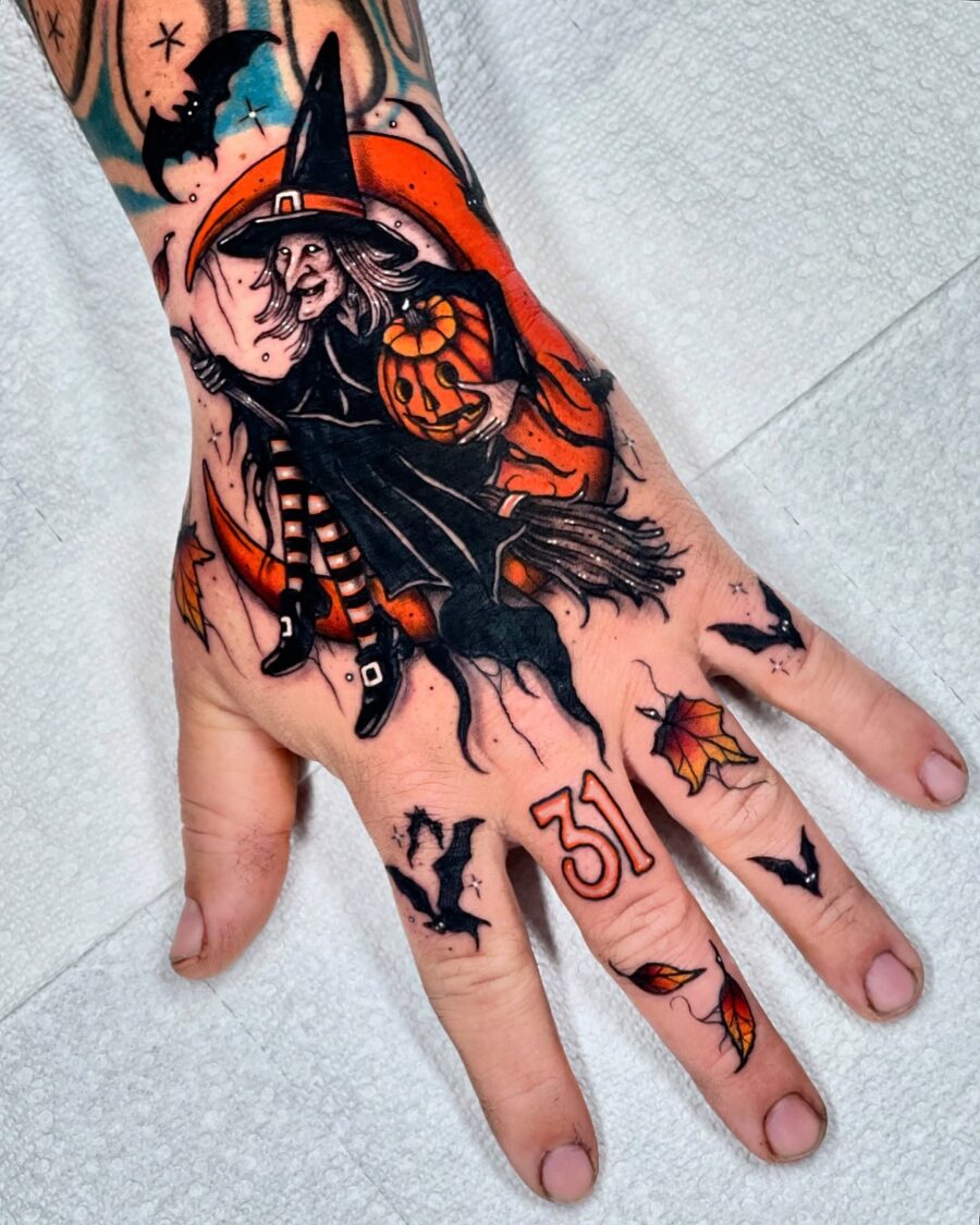 Charming witch tattoo with autumn vibes