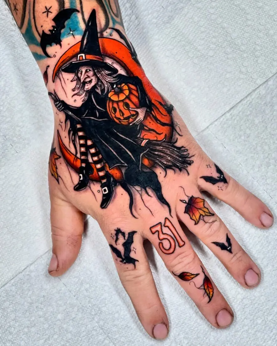 Charming witch tattoo with autumn vibes