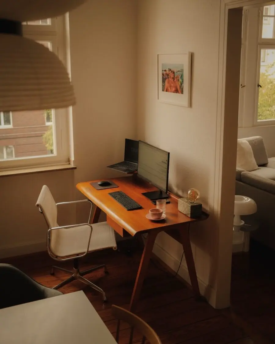 Stylish Wooden Desk with Cozy Atmosphere