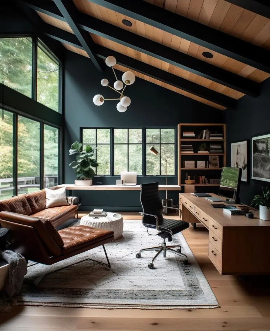 Stylish home office with cozy charm and light