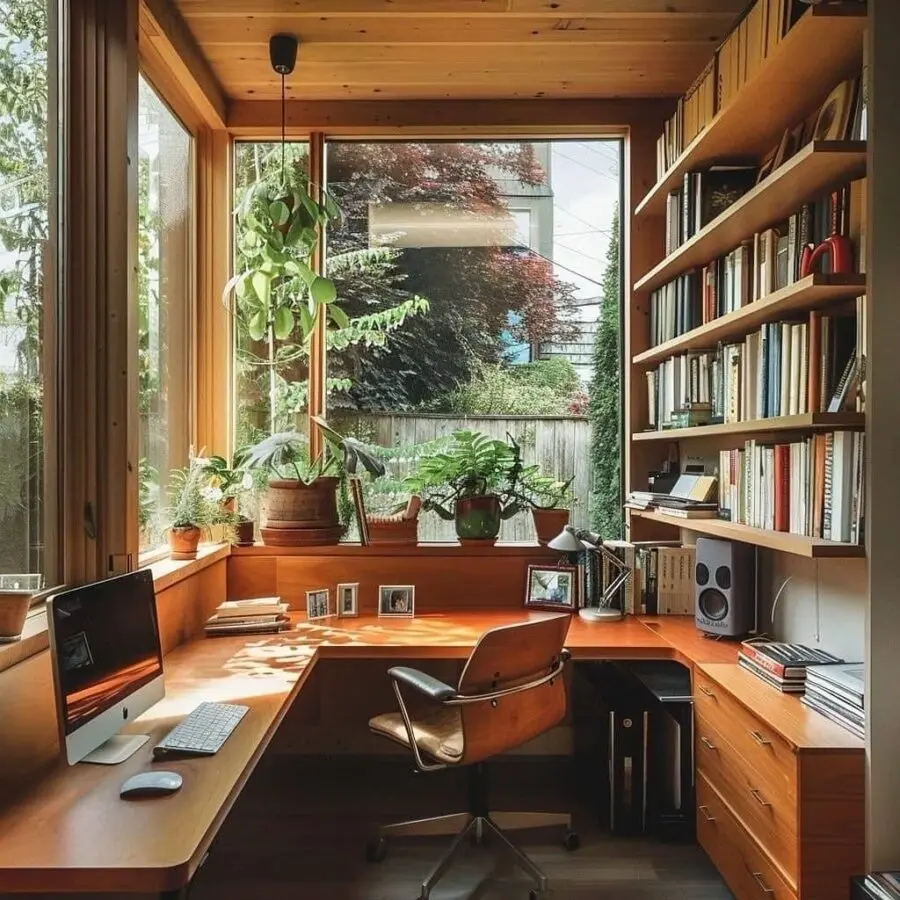 Bright and airy home office with greenery