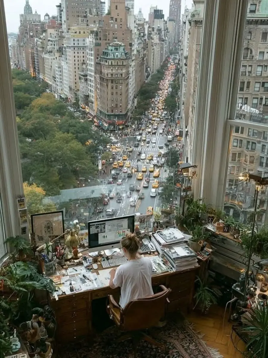 Cozy workspace with stunning urban cityscape