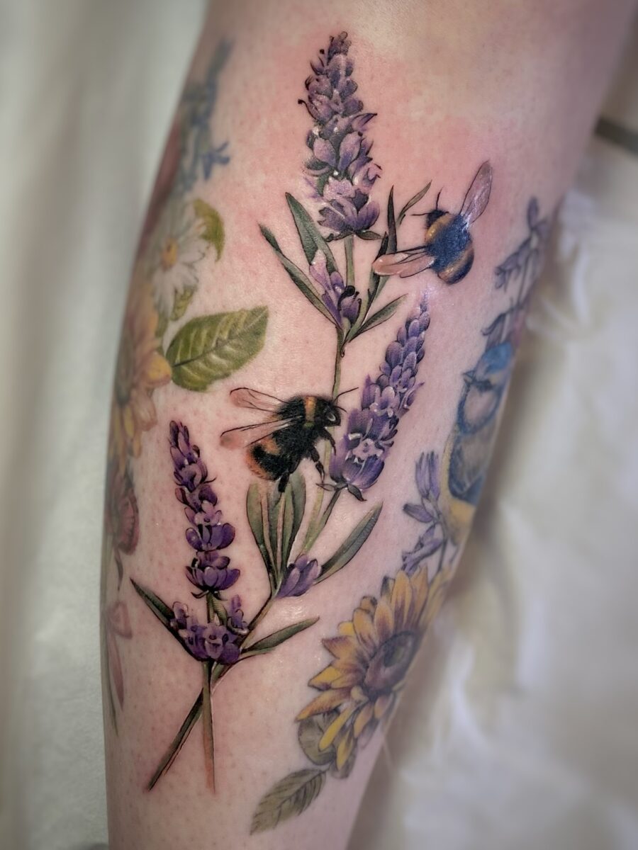 Colorful lavender and bee tattoo design