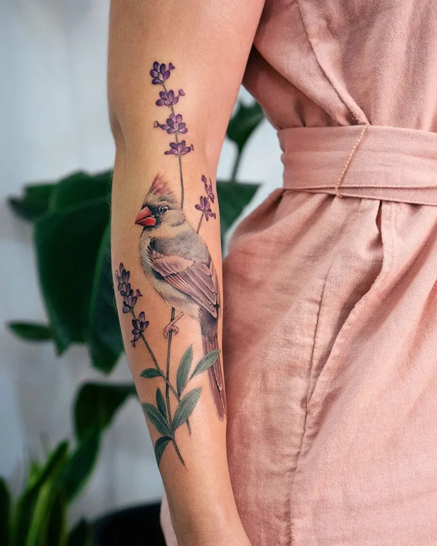 A charming bird among delicate lavender flowers