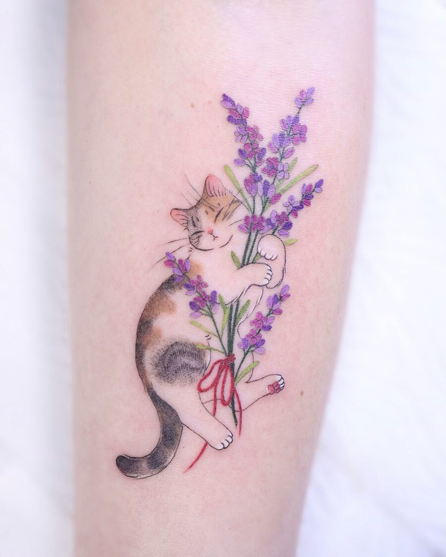 Charming cat embraced by vibrant lavender bouquet