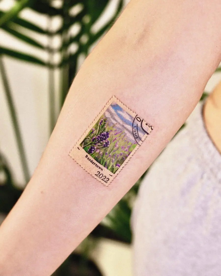 Charming lavender postage stamp tattoo design