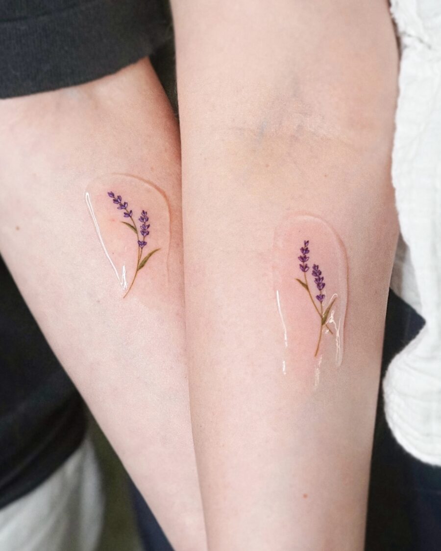 Elegant lavender tattoos on bare skin