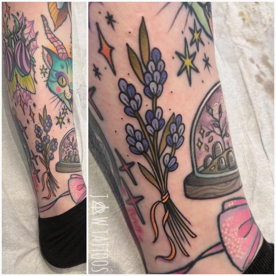 Vibrant lavender tattoo with whimsical elements.