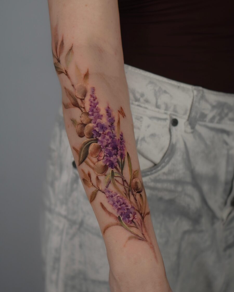 Stunning lavender tattoo design on forearm