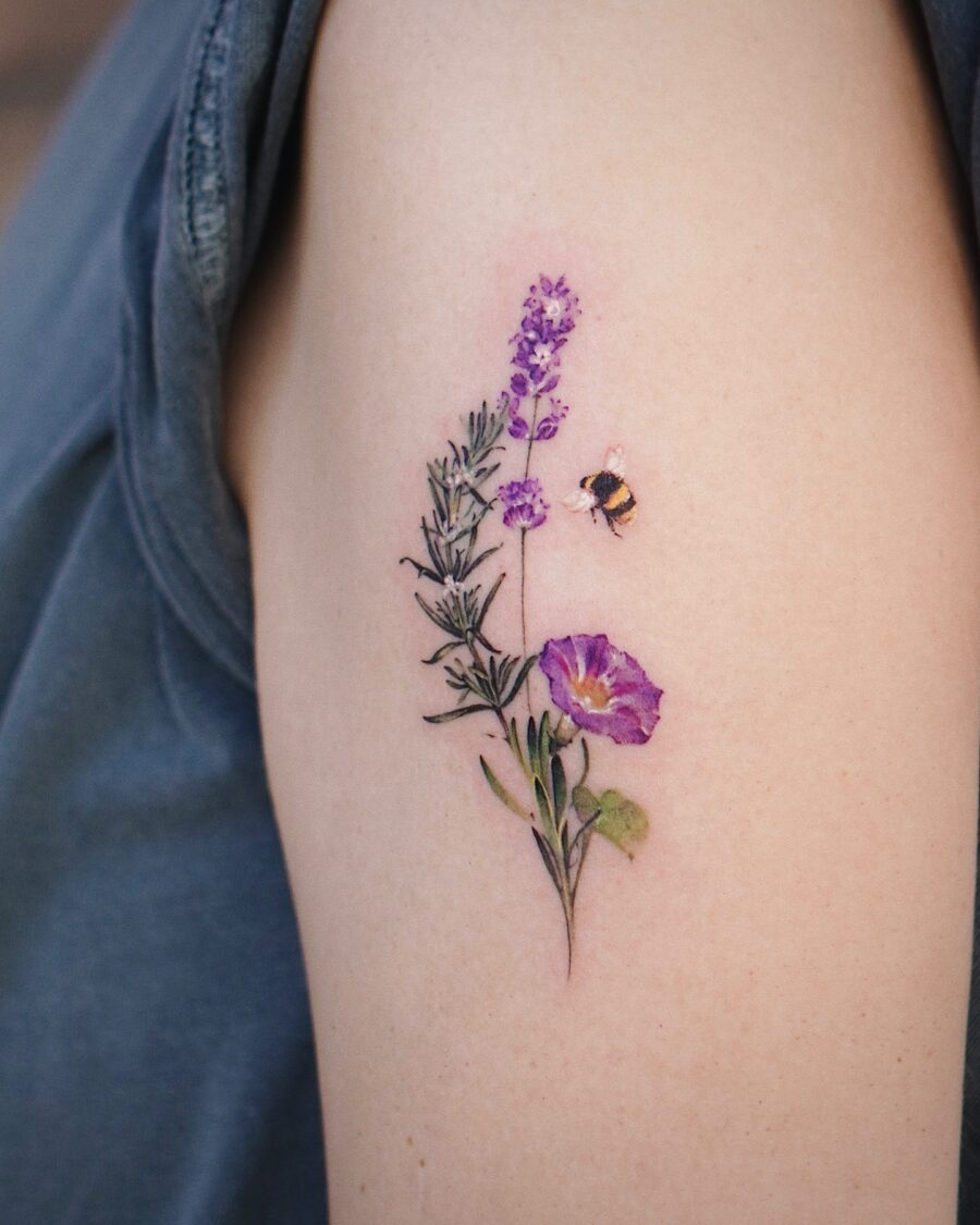Elegant lavender tattoo with bee detail