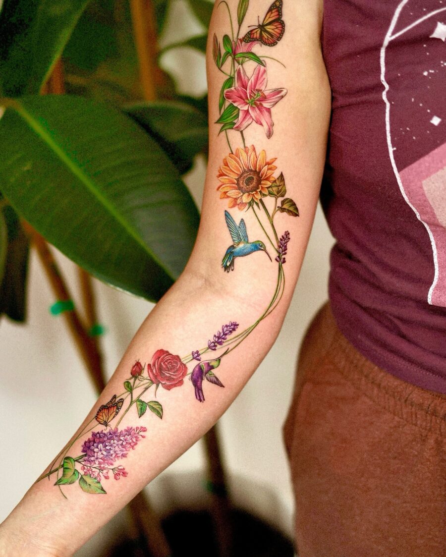 Vibrant lavender tattoo with floral elements