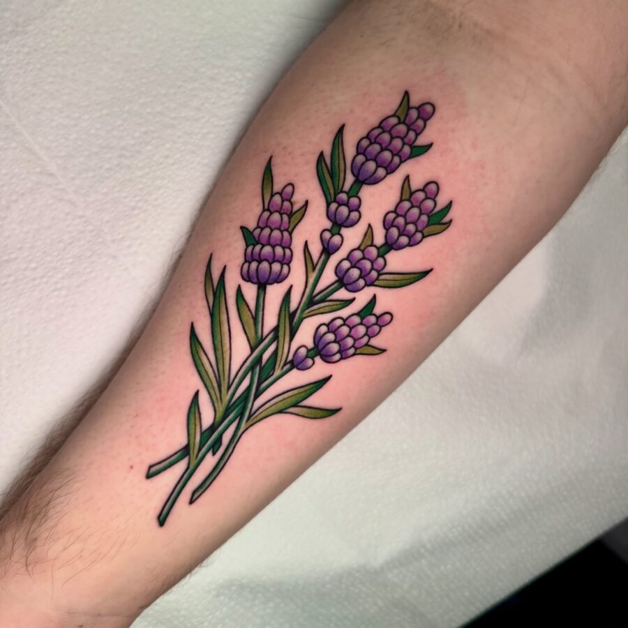 Vibrant lavender tattoo with a natural feel