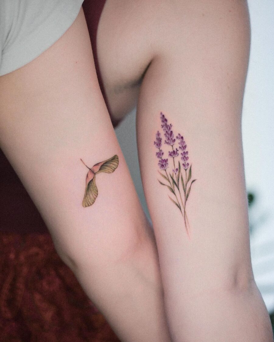 Elegant lavender and hummingbird tattoo design