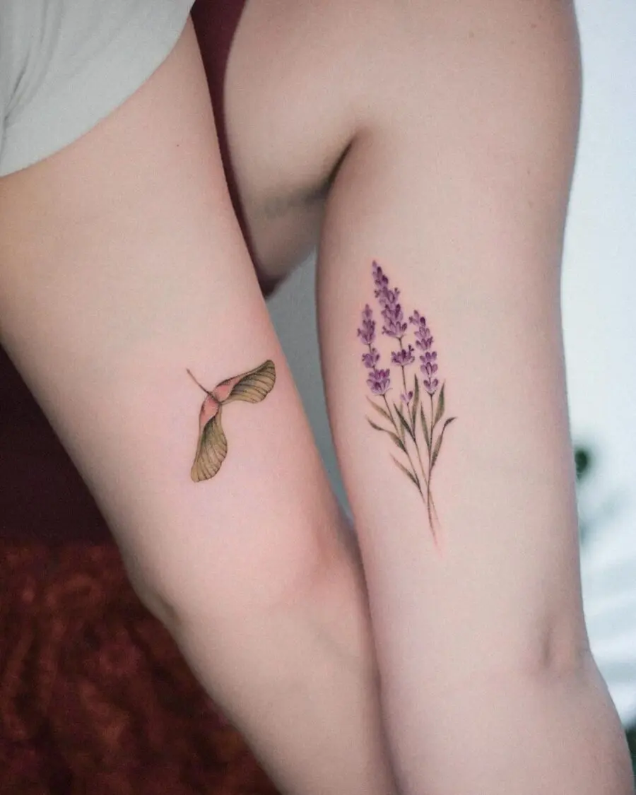 Elegant lavender and hummingbird tattoo design