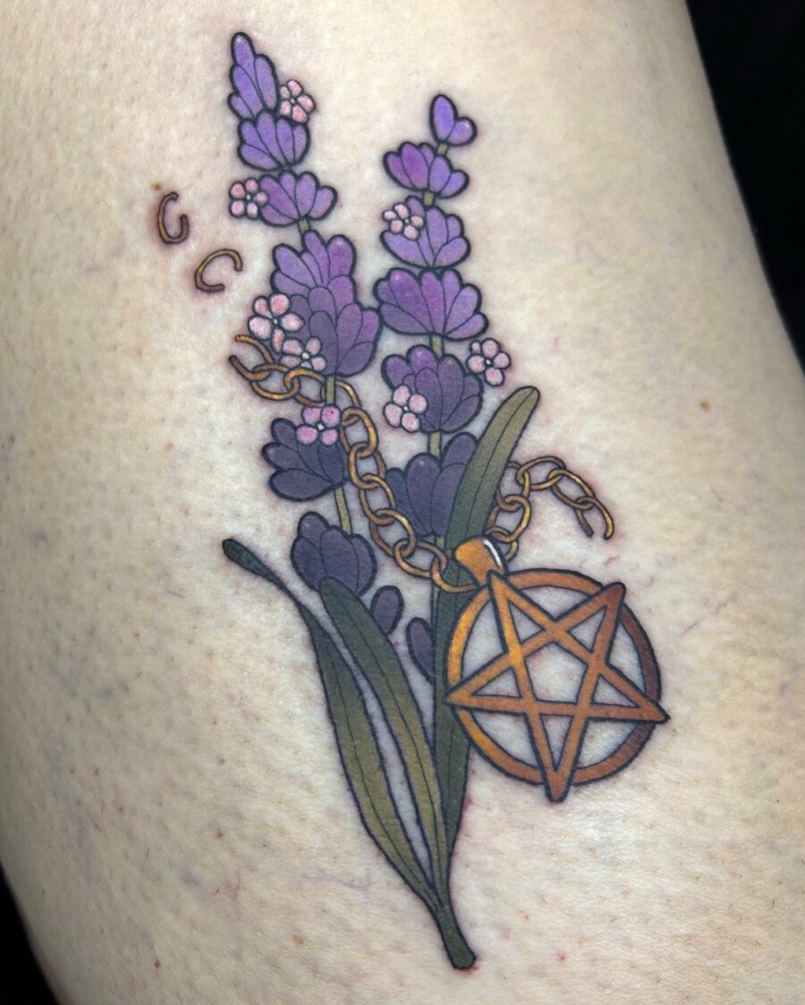 Elegant lavender tattoo with mystical elements