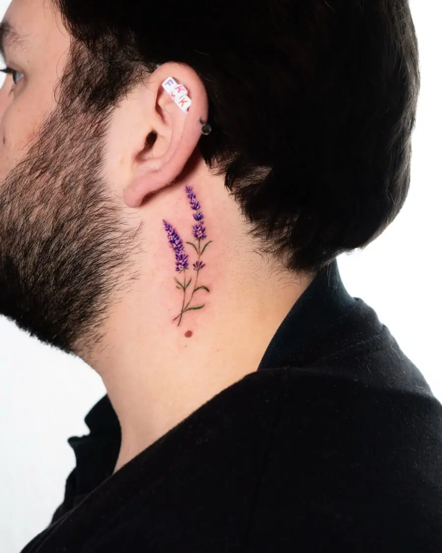 Elegant lavender tattoo on the side of the neck