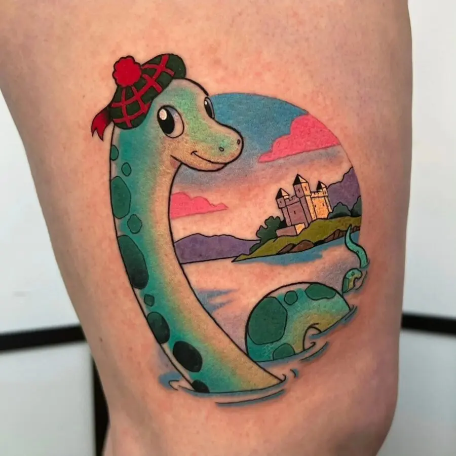 Playful depiction of the Loch Ness monster tattoo