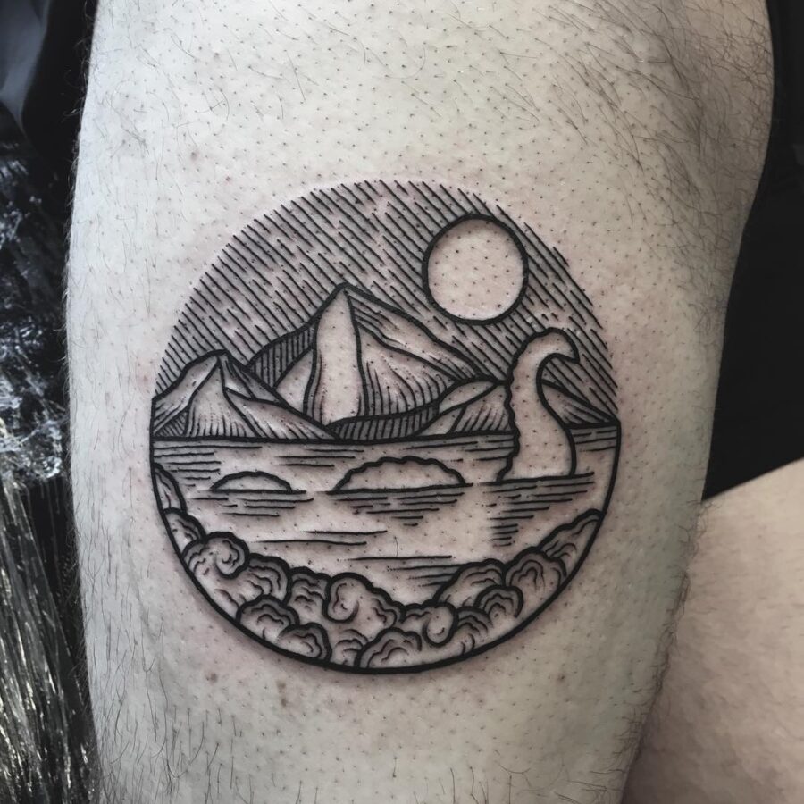 Captivating Loch Ness Monster Landscape Tattoo
