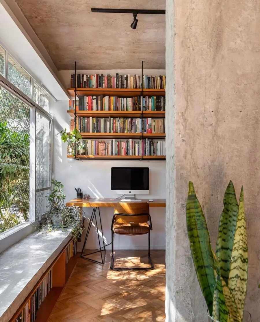 Stylish workspace with natural light and greenery
