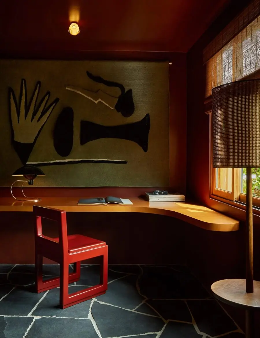 Bold Mid-Century Office with Artistic Flair