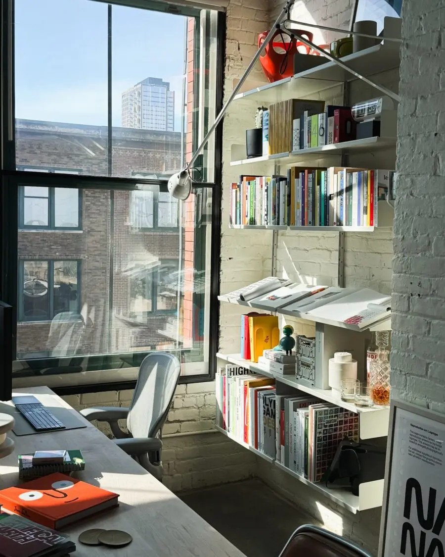 Stylish mid-century office with ample natural light