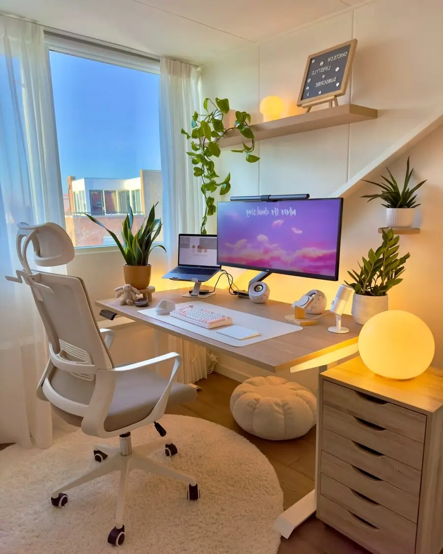 Stylish minimalistic home office with greenery