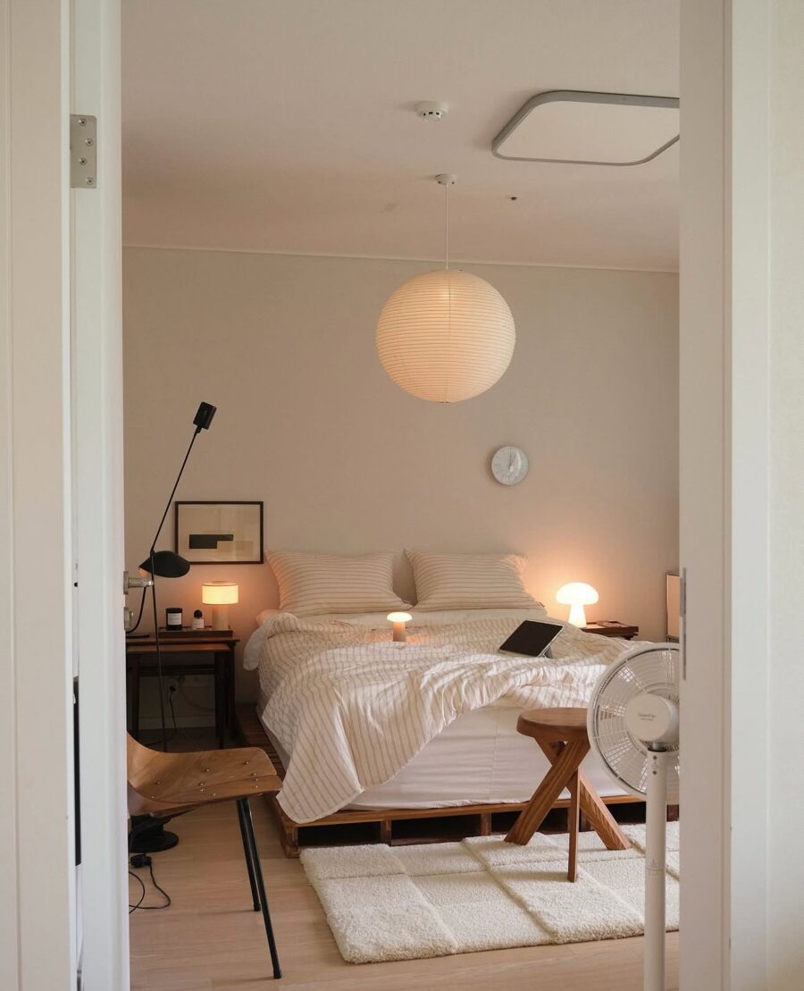 Serene modern bedroom with soft lighting touches