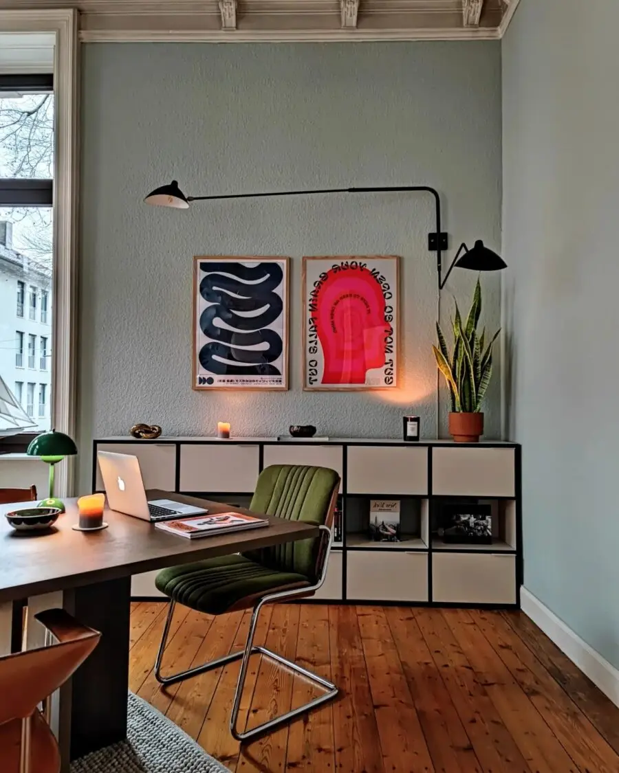 Stylish modern home office setup with artwork