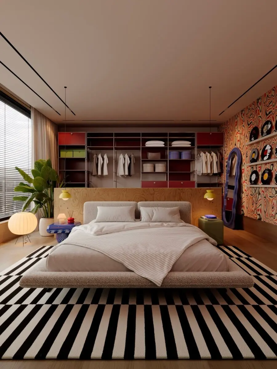 Contemporary bedroom with playful color accents